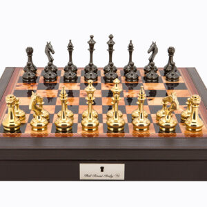 Dal Rossi Italy Brown PU Leather Bevilled Edge chess box with compartments 18" with Staunton Brass Titanium Cap Chessmen