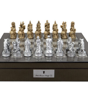 Dal Rossi Italy Roman Chessmen on a Carbon Fibre Finish Shiny Chess Box with Compartments 16"