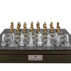 Dal Rossi Italy Roman Chessmen on a Carbon Fibre Finish Shiny Chess Box with Compartments 20"