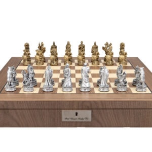 Dal Rossi Italy Roman Chessmen on a Walnut Inlaid Chess Box with Compartments 20"