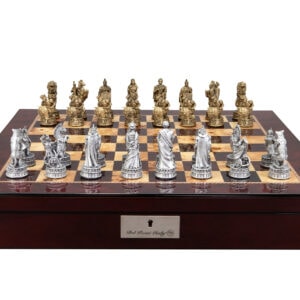 Dal Rossi Italy Roman Chessmen on a Mahogany Finish Shiny Chess Box with Compartments 20"