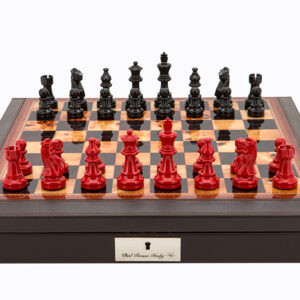 Dal Rossi Italy Brown PU Leather Bevilled Edge chess box with compartments 18" with French Lardy Black/Red 85mm Chessmen