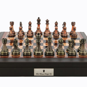 Dal Rossi 16" Brown with PU Leather Edge with compartments with Antique Green and Copper Finish Chessmen
