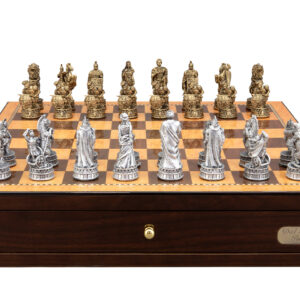 Dal Rossi Italy Roman Chessmen on a Shiny Walnut Chess Box with two Drawers 18"
