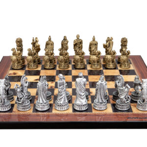 Dal Rossi Italy Roman Chessmen  on a Walnut Shiny Finish, 40cm Chess Board