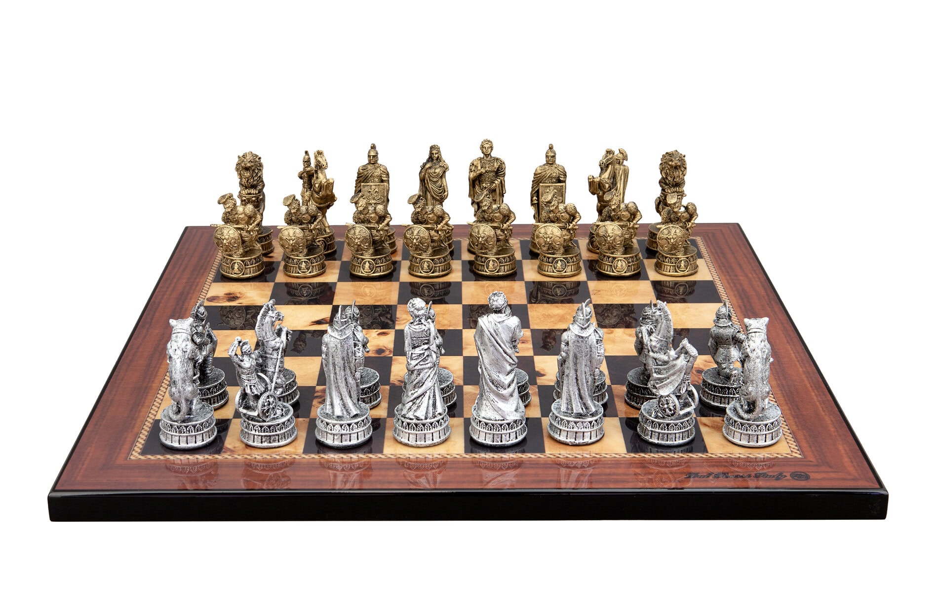Dal Rossi Italy Roman Chessmen  on a Walnut Shiny Finish, 40cm Chess Board