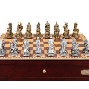 Dal Rossi Italy Roman Chessmen on a Shiny Mahogany Chess Box with two Drawers 18"