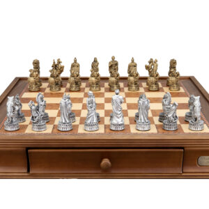 Dal Rossi Italy Roman Chessmen on a Walnut Chess Box with Drawers 20"