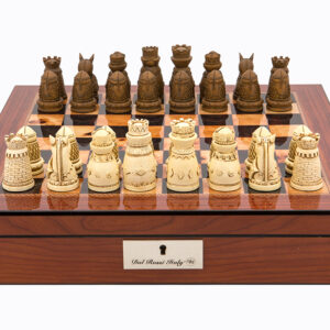 Dal Rossi Italy Walnut Finish chess box with lock & compartments 16” with Medieval Resin Chessmen