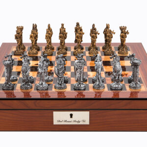 Dal Rossi Italy Walnut Finish chess box with lock & compartments 16” with Medieval Pewter Chessmen