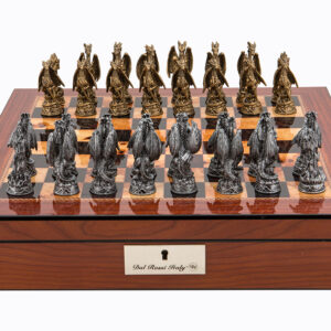 Dal Rossi Italy Walnut Finish chess box with lock & compartments 16” with Dragon Pewter Chessmen