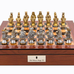 Dal Rossi Italy Walnut Finish chess box with lock & compartments 16” with Medieval Warriors Resin Chessmen