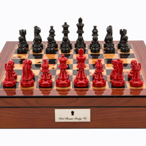 Dal Rossi Italy Walnut Finish chess box with lock & compartments 16” with Antique Chessmen