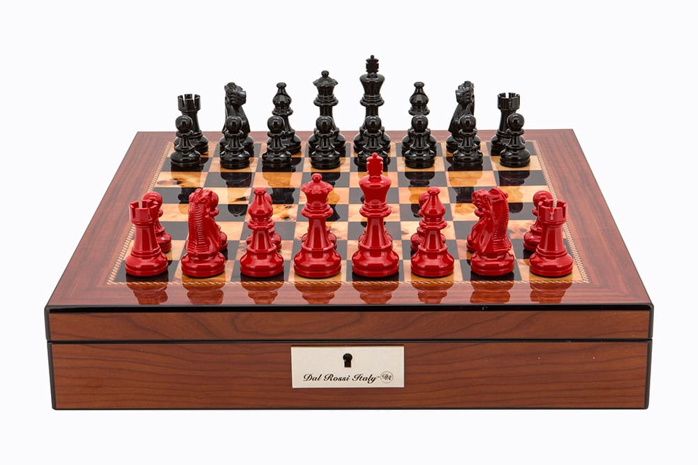 Dal Rossi Italy Walnut Finish chess box with lock & compartments 16” with Antique Chessmen
