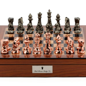 Dal Rossi Chess Set With Diamond-Cut Copper & Bronze 85mm Chessmen on Walnut Finish Chess Box 16” with compartments