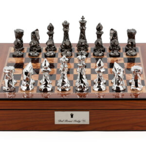 Dal Rossi Chess Set With Diamond-Cut Titanium & Silver 85mm Chessmen on Walnut Finish Chess Box 16” with compartments