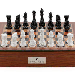 Dal Rossi Chess Set With Diamond-Cut Black & White 85mm Chessmen on Walnut Finish Chess Box 16” with compartments