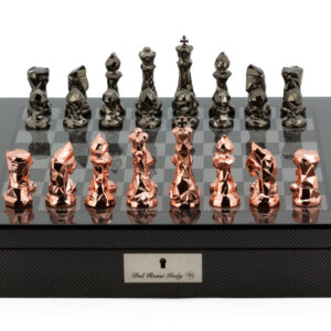 Dal Rossi Italy Chess Set with Diamond-Cut Copper & Bronze 85mm chessmen on a Carbon Fibre Shiny Finish Chess Box 16” with compartments