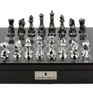 Dal Rossi Italy Chess Set with Diamond-Cut Titanium & Silver 85mm chessmen on a Carbon Fibre Shiny Finish Chess Box 16” with compartments