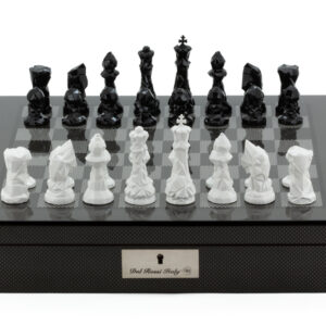 Dal Rossi Italy Chess Set with Diamond-Cut Black & White 85mm chessmen on a Carbon Fibre Shiny Finish Chess Box 16” with compartments