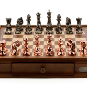 Dal Rossi Italy Chess Set with Diamond-Cut Copper & Bronze 85mm chessmen on a Walnut Finish Chess Box 16” with drawers