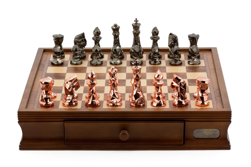 Dal Rossi Italy Chess Set with Diamond-Cut Copper & Bronze 85mm chessmen on a Walnut Finish Chess Box 16” with drawers