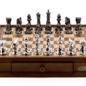 Dal Rossi Italy Chess Set with Diamond-Cut Titanium & Silver 85mm chessmen on a Walnut Finish Chess Box 16” with drawers