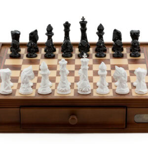 Dal Rossi Italy Chess Set with Diamond-Cut Black & White 85mm chessmen on a Walnut Finish Chess Box 16” with drawers