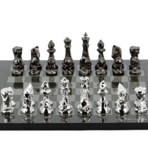Dal Rossi Italy Chess Set with Diamond-Cut Titanium & Silver 85mm chessmen on a Carbon Fibre Shiny Finish Chess Board16”