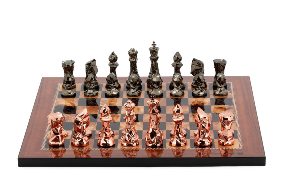 Dal Rossi Italy Chess Set with Diamond-Cut Copper & Bronze 85mm chessmen on a Walnut Shiny Finish Chess Board 16”