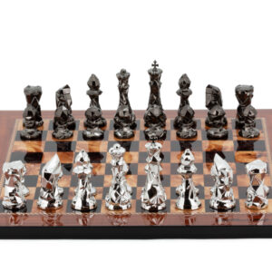 Dal Rossi Italy Chess Set with Diamond-Cut Titanium & Silver 85mm chessmen on a Walnut Shiny Finish Chess Board 16”