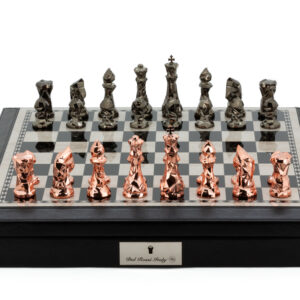 Dal Rossi Italy Black PU Leather Bevelled Edge chess box with compartments 18" with Diamond-Cut Copper & Bronze Finish Chessmen