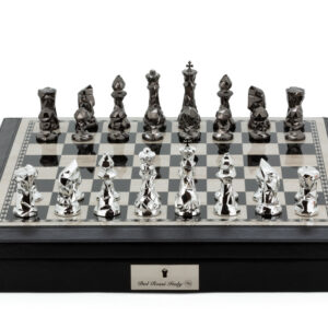 Dal Rossi Italy Black PU Leather Bevelled Edge chess box with compartments 18" with Diamond-Cut Titanium & Silver Finish Chessmen