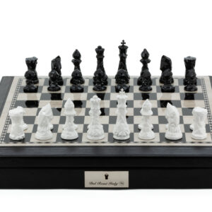 Dal Rossi Italy Black PU Leather Bevelled Edge chess box with compartments 18" with Diamond-Cut Black & White Finish Chessmen