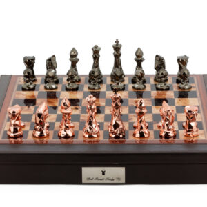 Dal Rossi Italy Brown PU Leather Bevelled Edge chess box with compartments 18" with Diamond-Cut Copper & Bronze Finish Chessmen