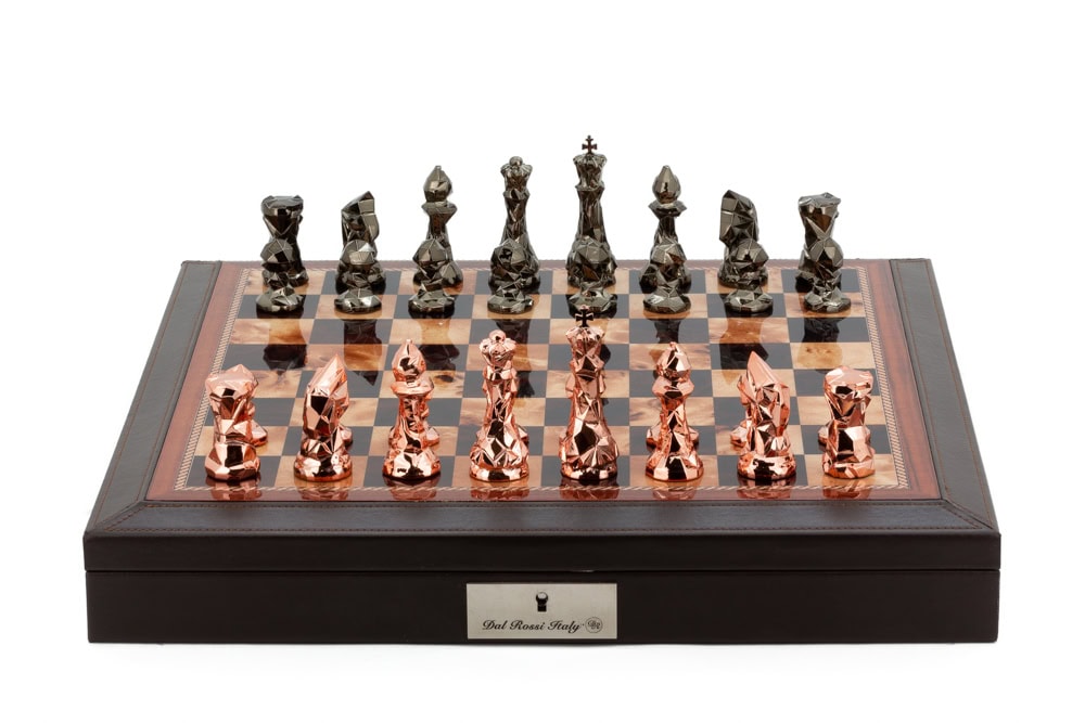 Dal Rossi Italy Brown PU Leather Bevelled Edge chess box with compartments 18" with Diamond-Cut Copper & Bronze Finish Chessmen