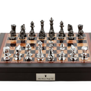 Dal Rossi Italy Brown PU Leather Bevelled Edge chess box with compartments 18" with Diamond-Cut Titanium & Silver Finish Chessmen