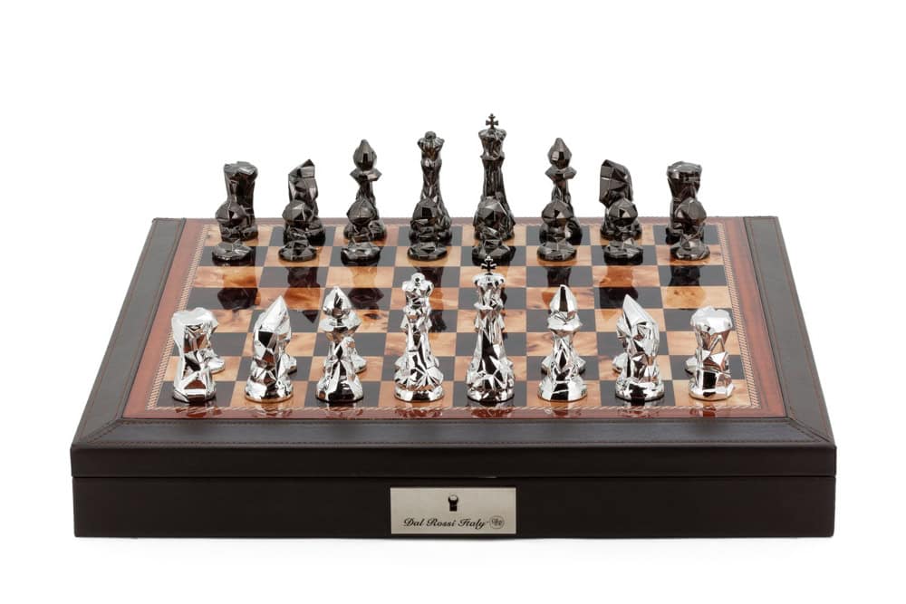 Dal Rossi Italy Brown PU Leather Bevelled Edge chess box with compartments 18" with Diamond-Cut Titanium & Silver Finish Chessmen