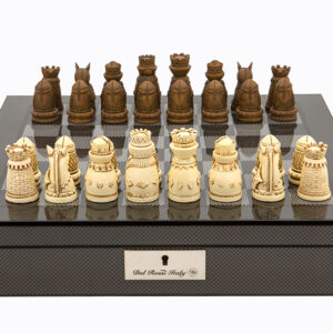 Dal Rossi Italy Carbon Fibre Shiny Finish chess box with compartments 16” with Medieval Resin Chessmen