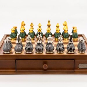 Dal Rossi Italy Chess Set Walnut Finish 16″ With Two Drawers, With Gray and Green Gold and Silver Metal Tops and Bottoms Chess Pieces 90mm