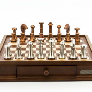 Dal Rossi Italy Chess Set Walnut Finish 16″ With Two Drawers, With Metal Copper and Silver 80mm Chessmen