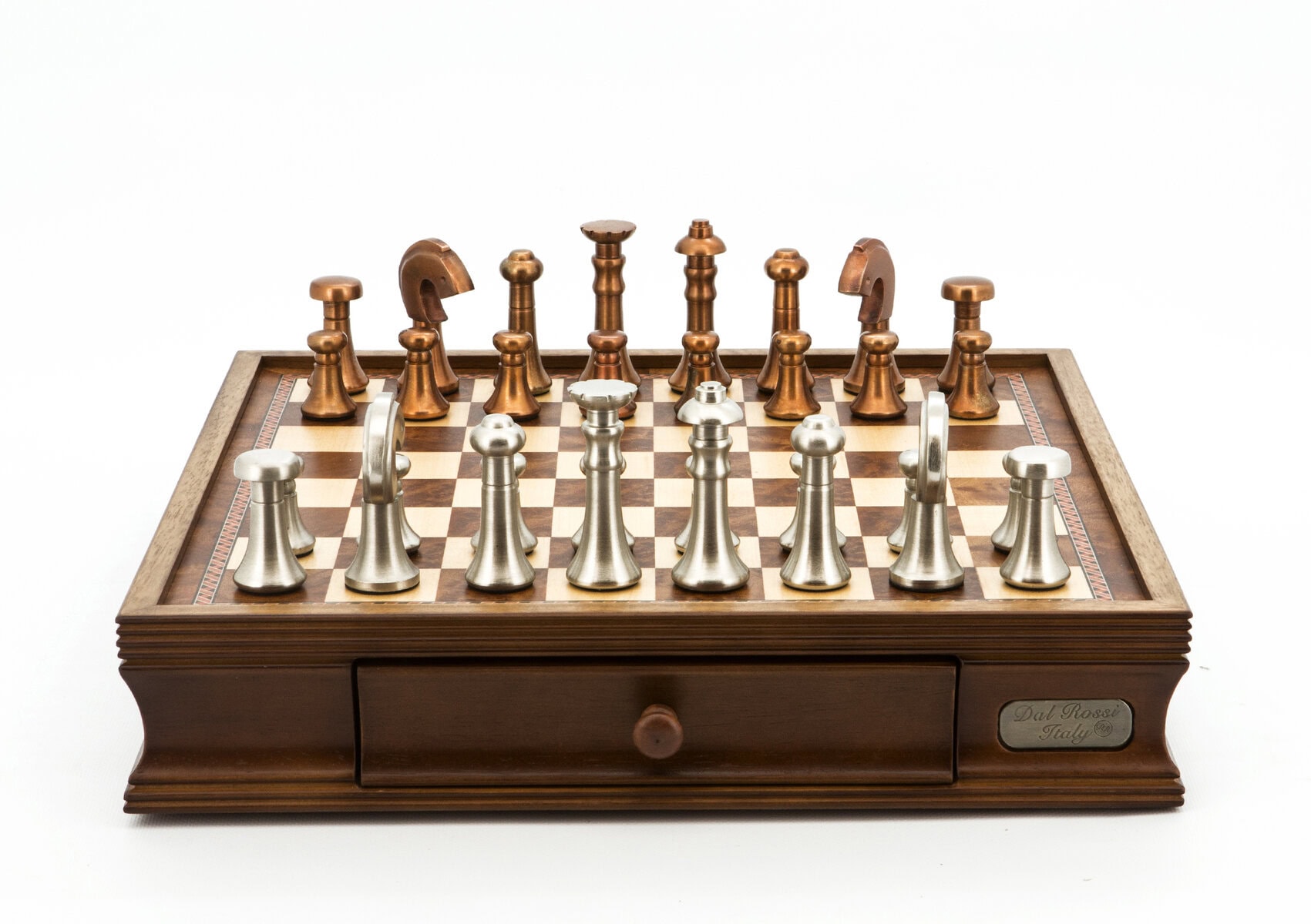 Dal Rossi Italy Chess Set Walnut Finish 16″ With Two Drawers, With Metal Copper and Silver 80mm Chessmen