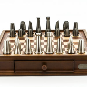 Dal Rossi Italy Chess Set Walnut Finish 16″ With Two Drawers, With Metal Dark Titanium and Silver chessmen 85mm