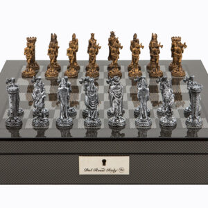 Dal Rossi Italy Carbon Fibre Shiny Finish chess box with compartments 16” with Medieval Pewter Chessmen