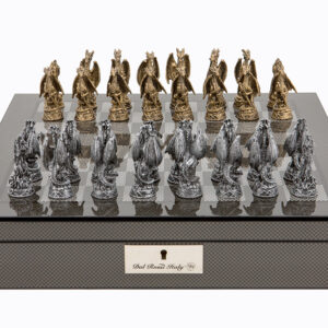 Dal Rossi Italy Carbon Fibre Shiny Finish chess box with compartments 16” with Dragon Pewter Chessmen