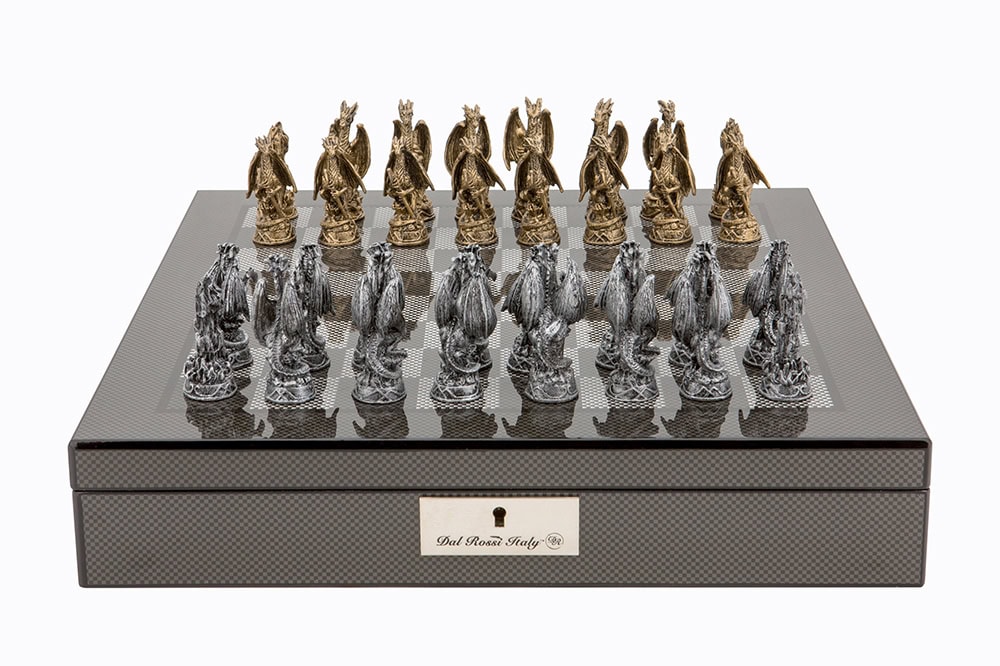 Dal Rossi Italy Carbon Fibre Shiny Finish chess box with compartments 16” with Dragon Pewter Chessmen