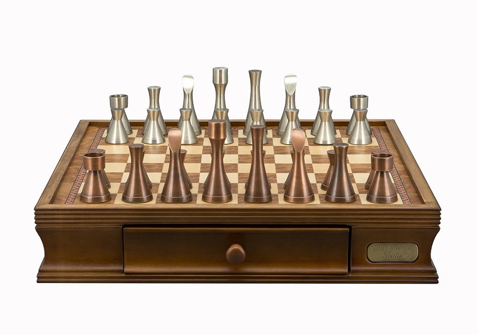 Dal Rossi Italy, 16" Walnut Chess Set With Contemporary Metal Chessmen