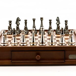 Dal Rossi Italy Chess Set Walnut Finish 16″ With Two Drawers, With Metal Dark Titanium and Silver chessmen 85mm