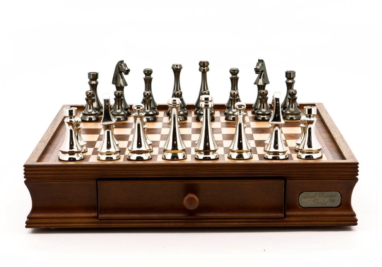 Dal Rossi Italy Chess Set Walnut Finish 16″ With Two Drawers, With Metal Dark Titanium and Silver chessmen 85mm