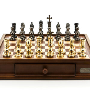 Dal Rossi Italy Chess Set Walnut Finish 16″ With Two Drawers, With Metal Dark Titanium and Gold Chessmen 110mm